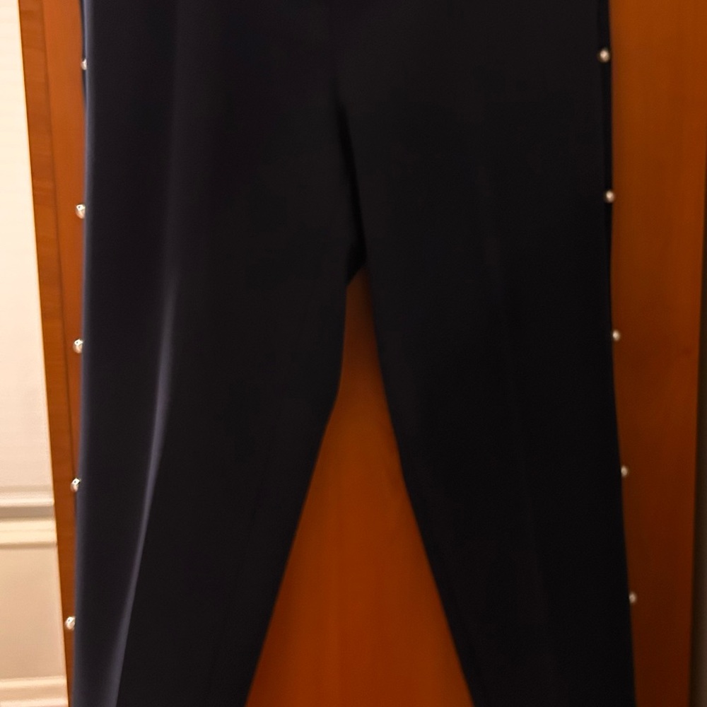 Elegant Navy Blue Women's Pants with Pearl Accents